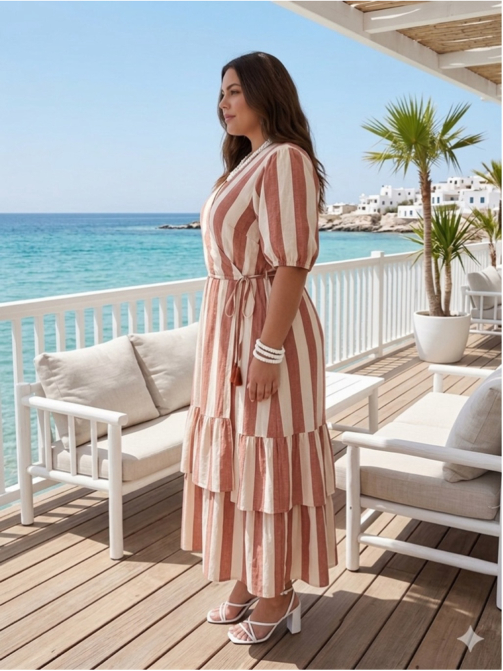 Knox Rose Maxi Wrap Dress XL Pink Cream Stripe Cotton Coastal Resort Tiered Pock - Picture 2 of 13
